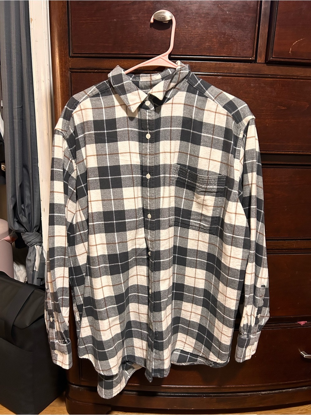 aerie Black, Cream & Tan Plaid Button-Up Shirt